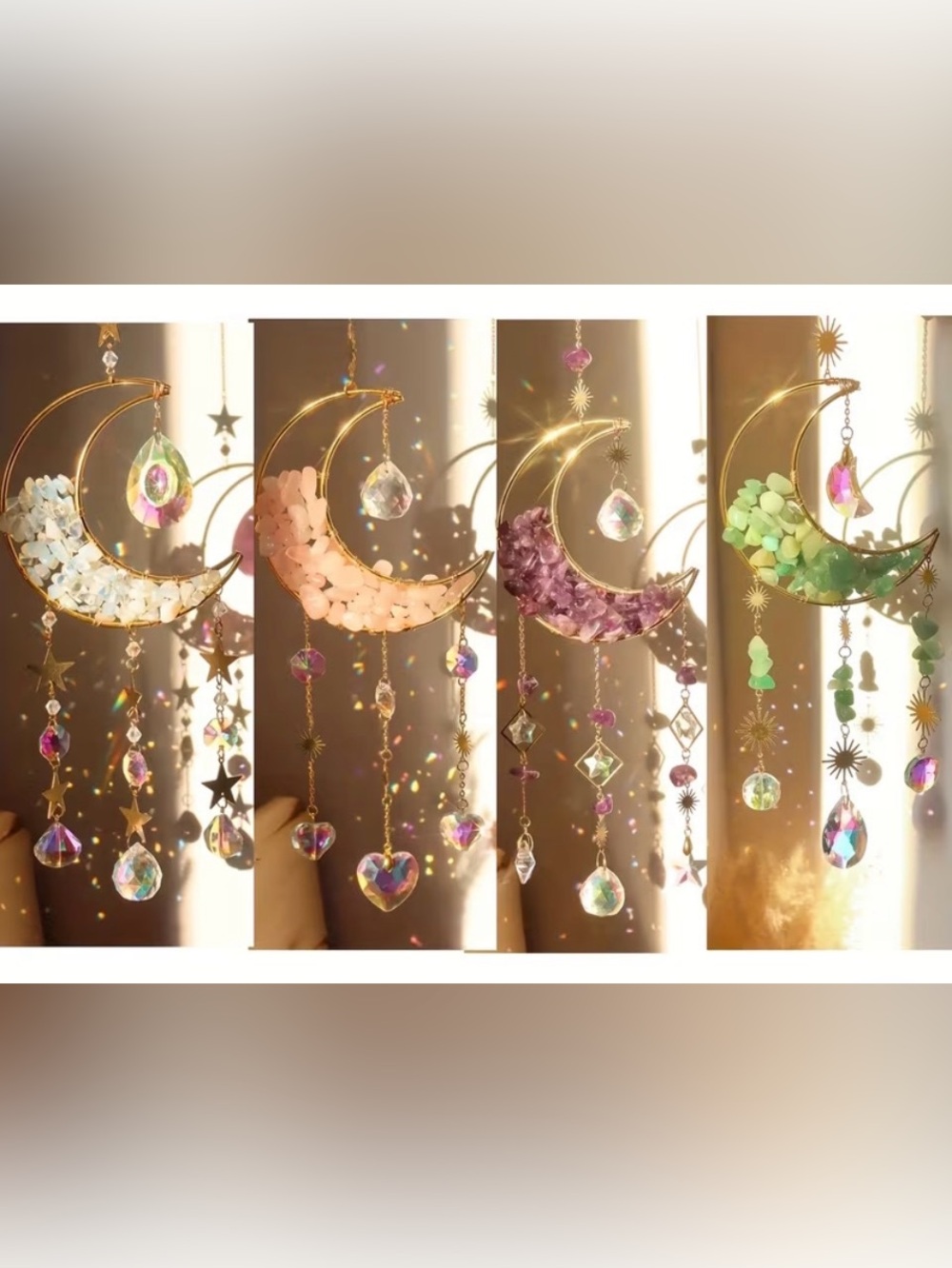 Crystal Moon and Star Hanging Suncatcher - Gold with Multicolor Accent Stones
